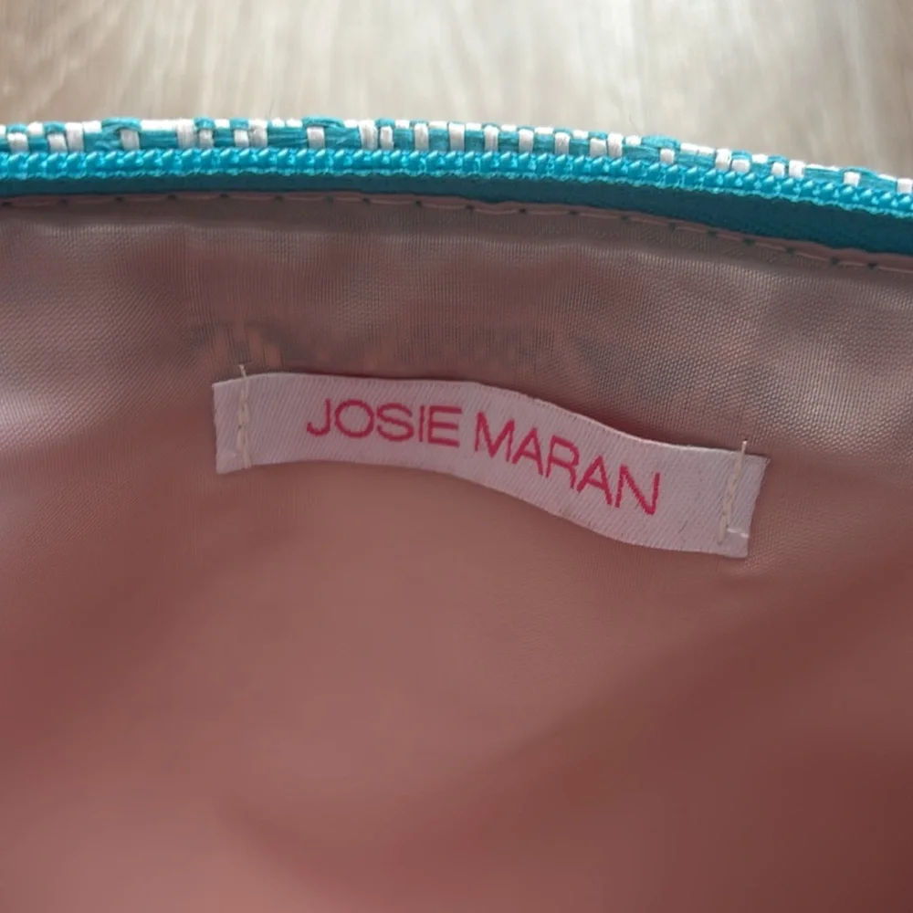 Josie Maran white/turquoise patterned woven cosmetic/makeup bag